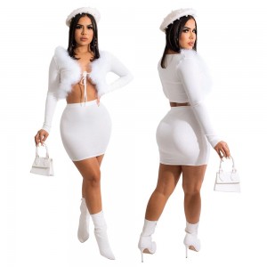  Two 2 Piece Skirt Sets Women Lace Up Feather Long Sleeve Cardigan Coat Mini Skirts Set White